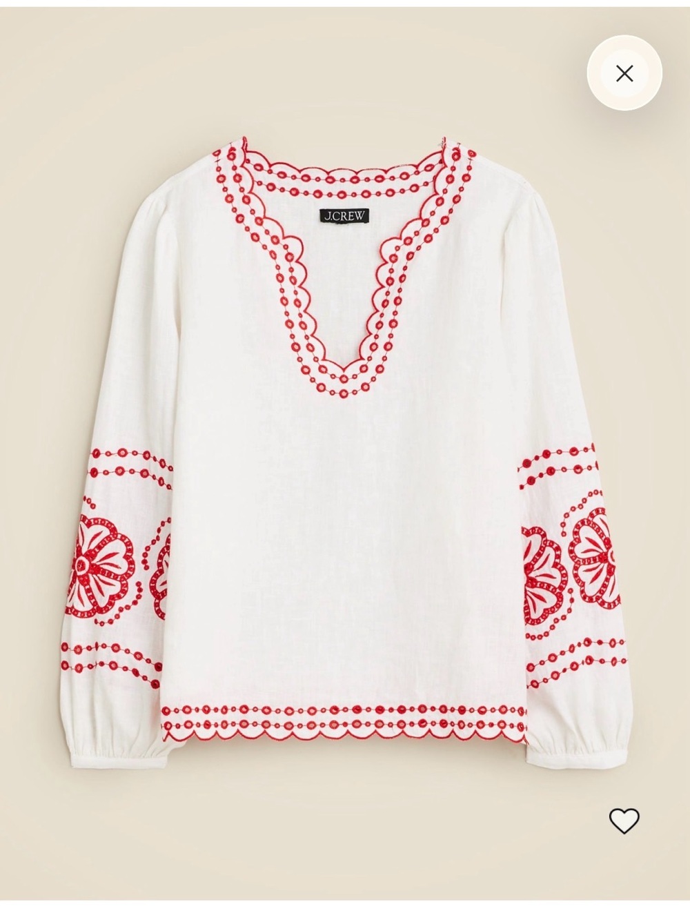 J. Crew White Linen Tunic with Red Embroidered Trim